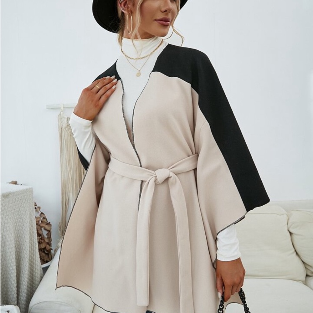 Two Tone Top-Stitching Dolman Sleeve Belted Overcoat